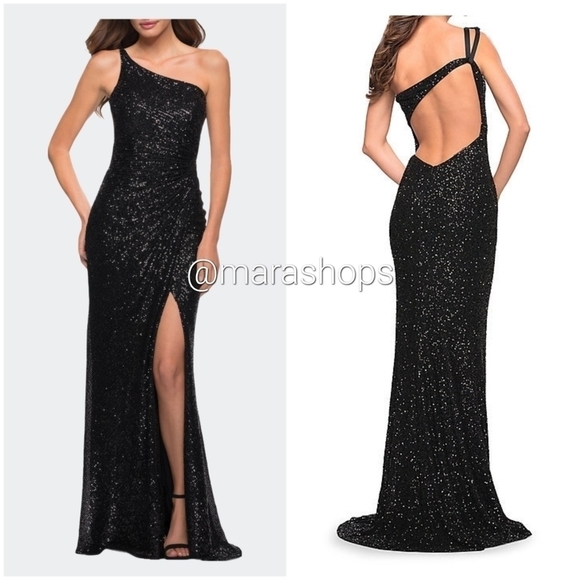 La Femme Dresses & Skirts - La Femme Sequin Gown with One Shoulder Top and Open Back Dress